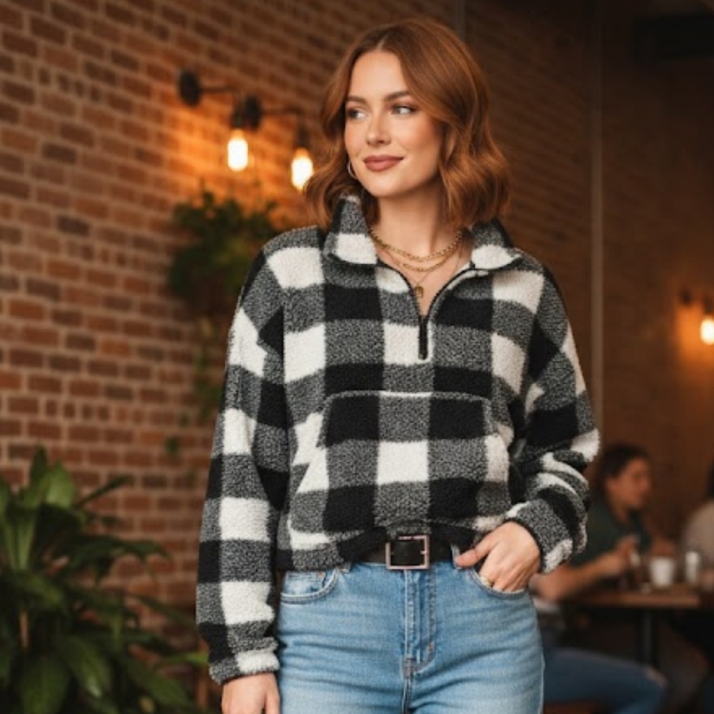 Plaid Black and White Women's Sweater